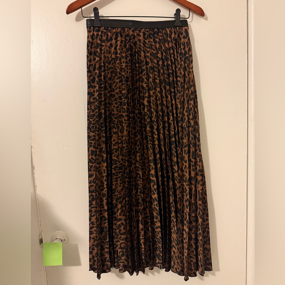 Zara Brown and Black Leopard Pleated Midi Skirt